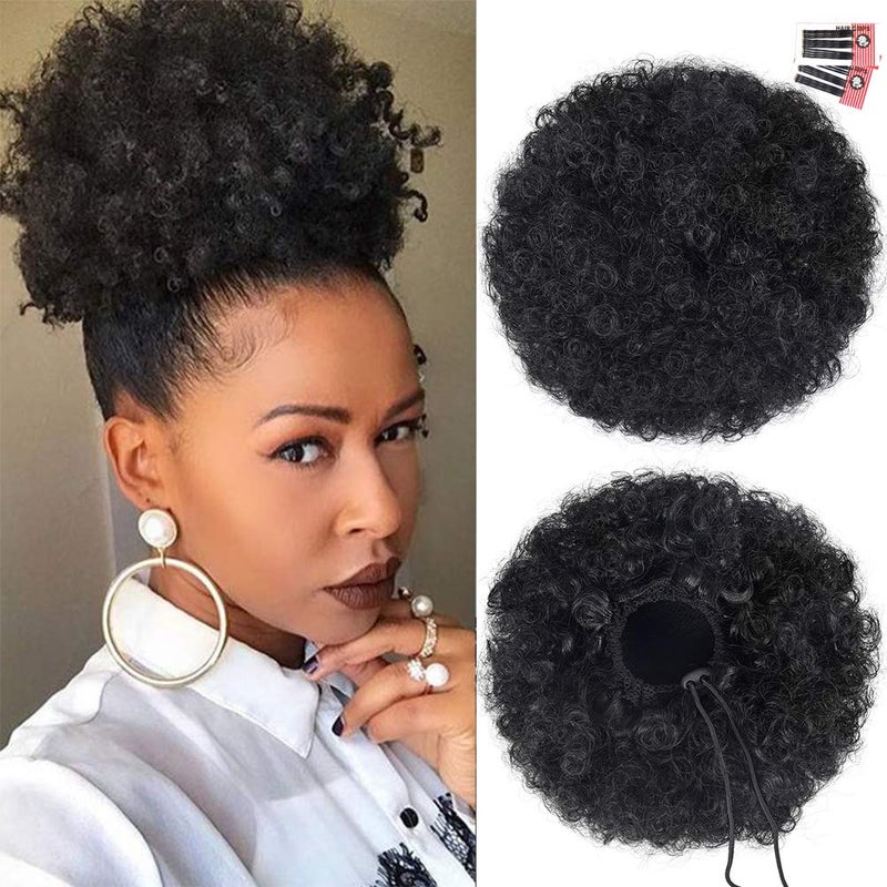 rosmile Afro Puff Drawstring Ponytail Extension for Black Women, Premium Black 1B# 80gram Short Synthetic Afro Puff Ponytail for Natural Hair,Clip On Kinky Drawstring Curly Ponytail Bun - Image 1